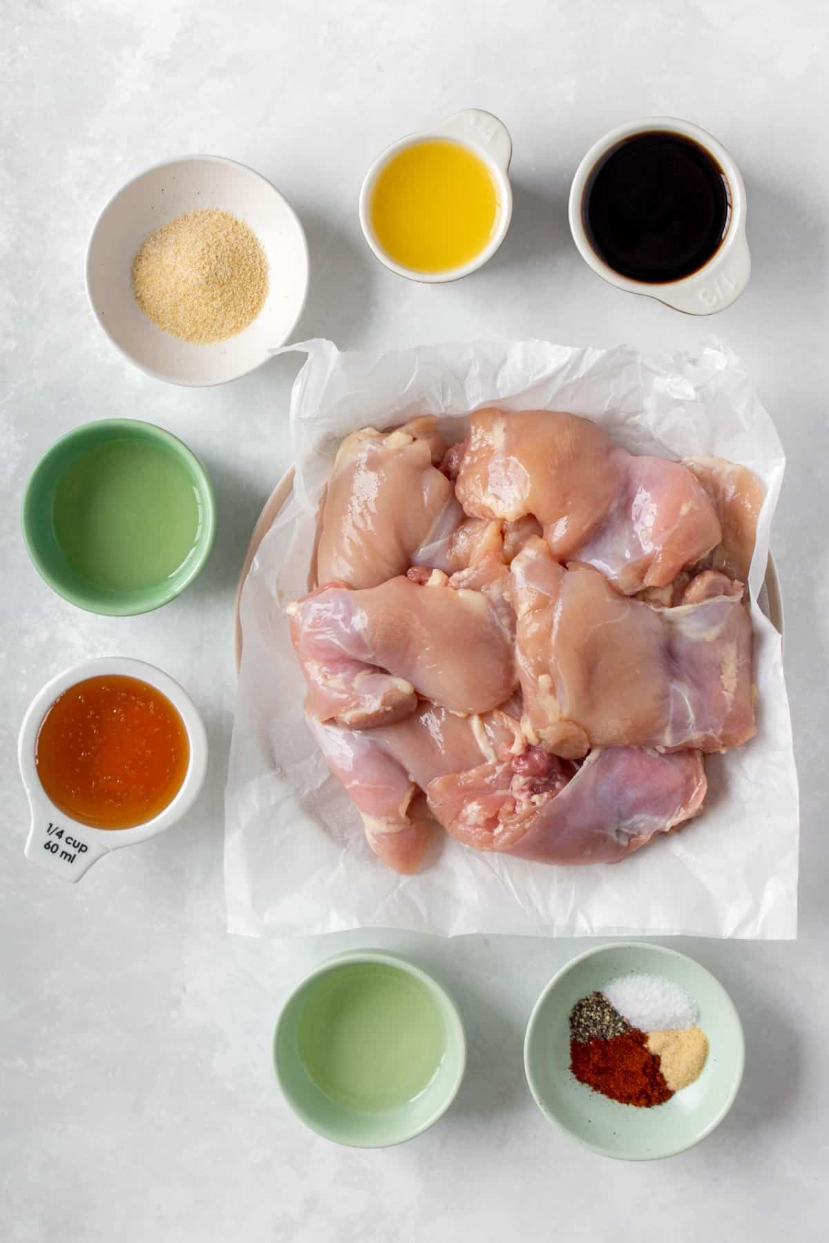 Ingredients needed to make teriyaki chicken thighs.