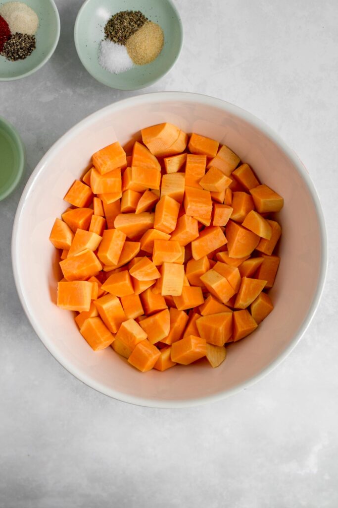 Diced sweet potatoes in a bowl.