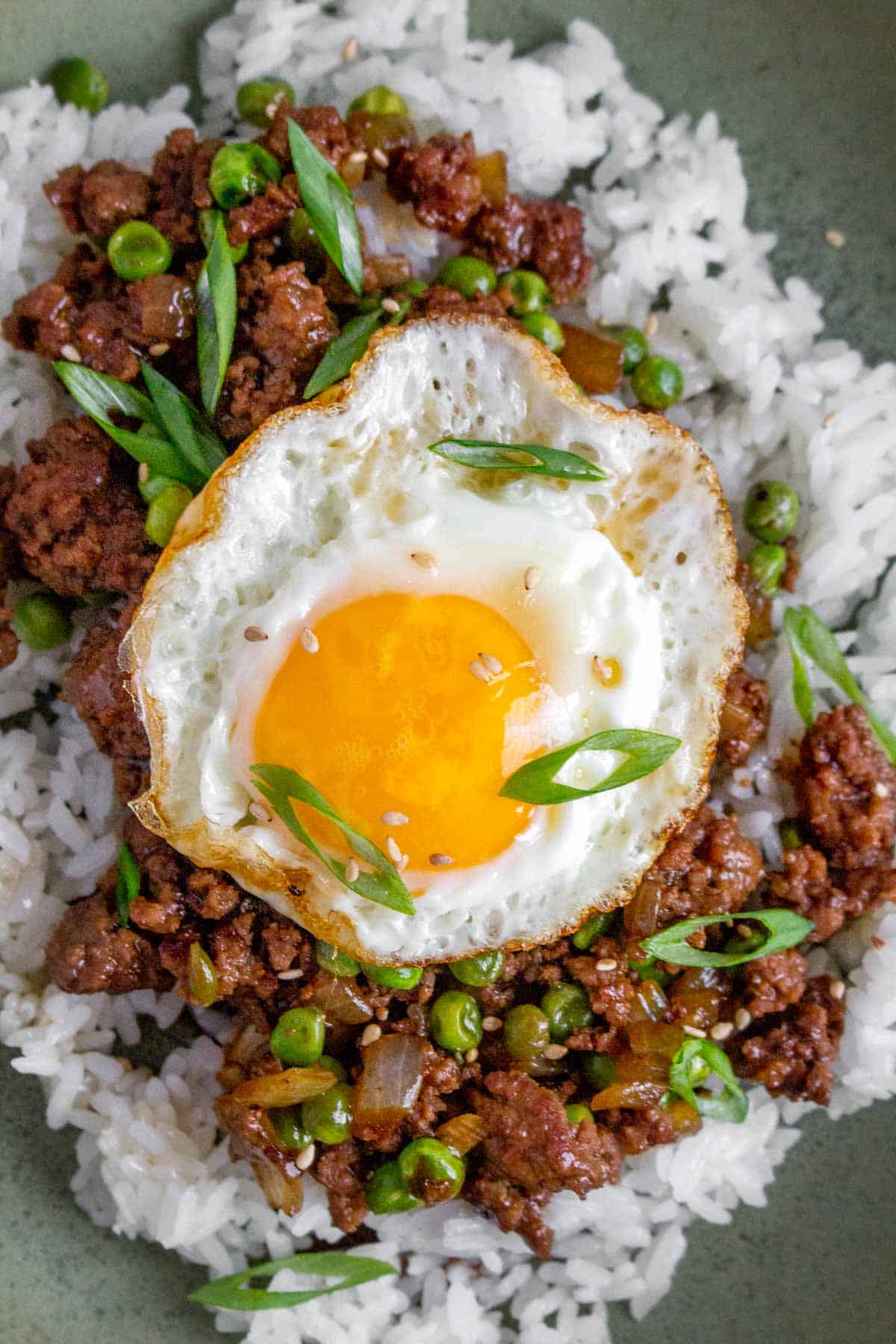 Close up of a bowl of rice with ground beef and fried egg on top.