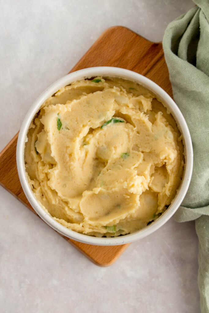 A bowl of white miso mashed potatoes.