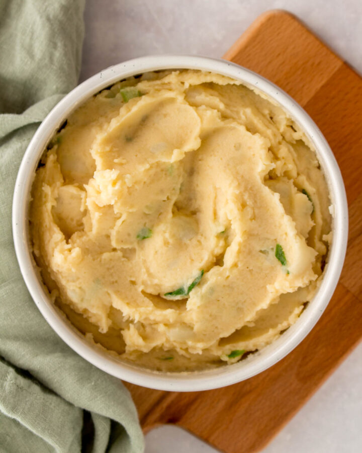 Overhead view of a bowl of miso mashed potatoes.