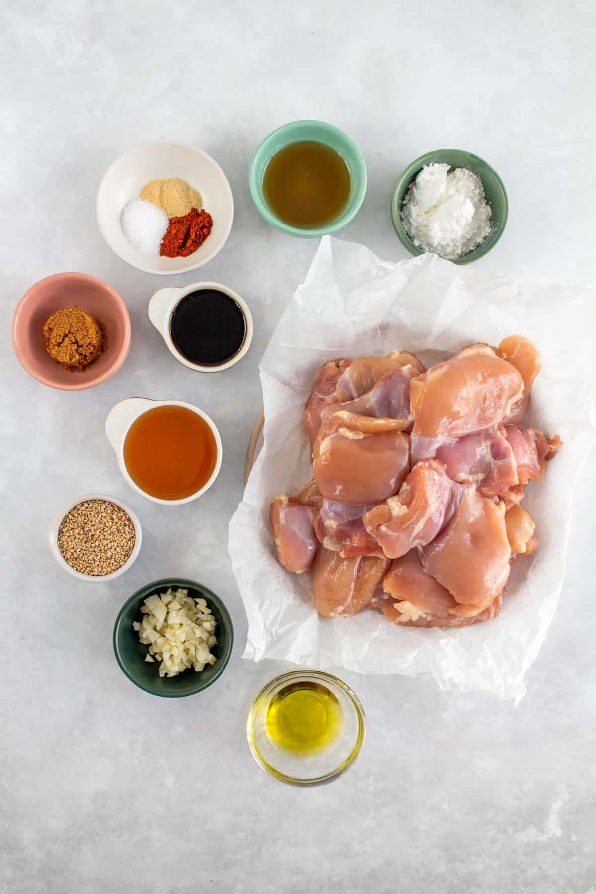 Ingredients to make honey sesame chicken.