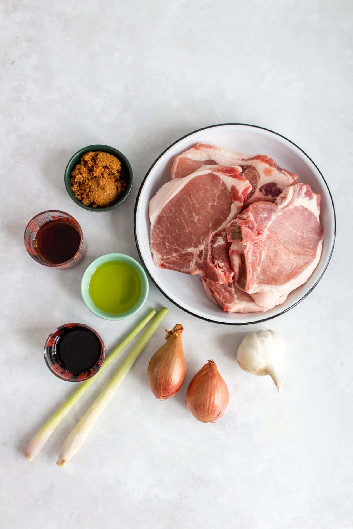 Ingredients needed to make Vietnamese pork chops.