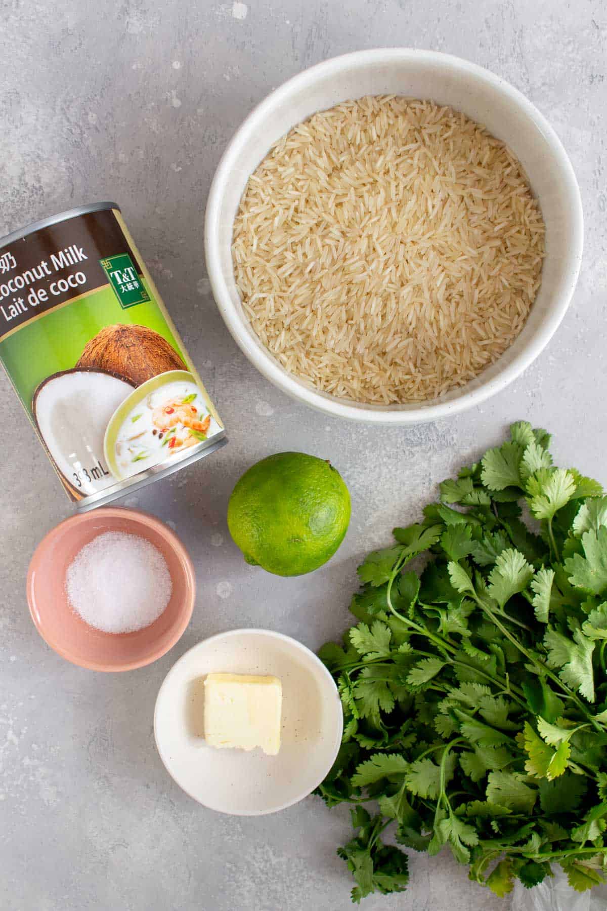 Ingredients needed to make instant pot coconut lime rice.