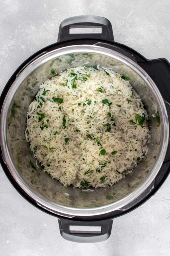 An instant pot with coconut lime rice.