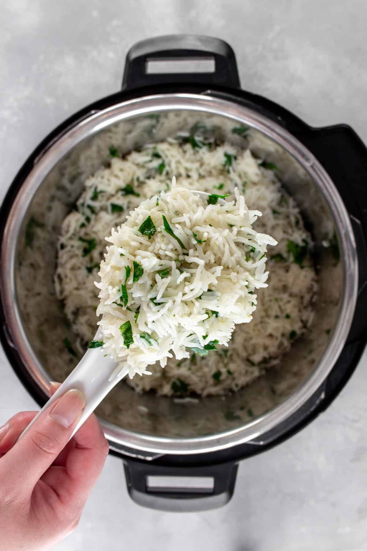 A scoop of instant pot coconut lime rice.