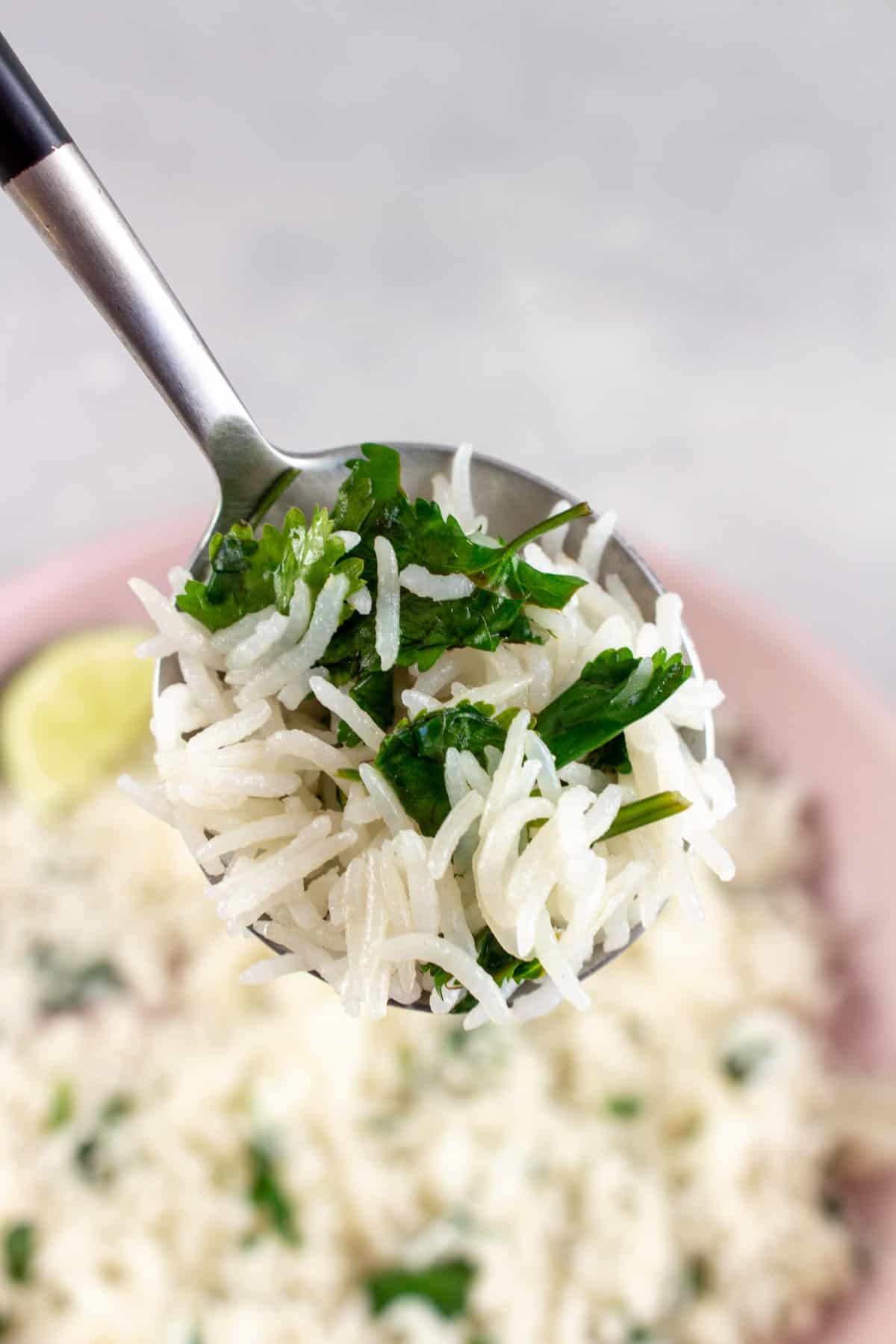 A spoonful of instant pot coconut lime rice.