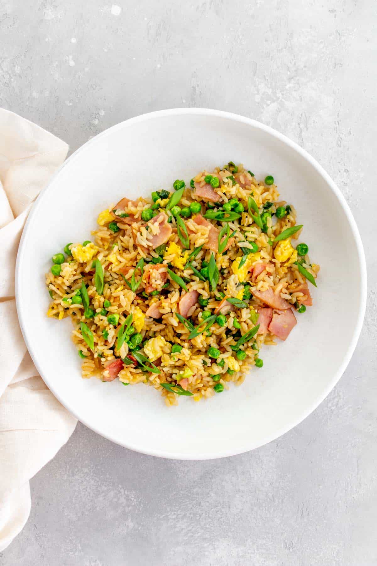 Overhead view of a plate of Japanese fried rice with green onions on top.