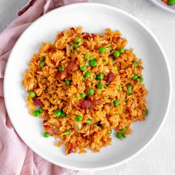 Overhead view of a plate of ketchup fried rice.