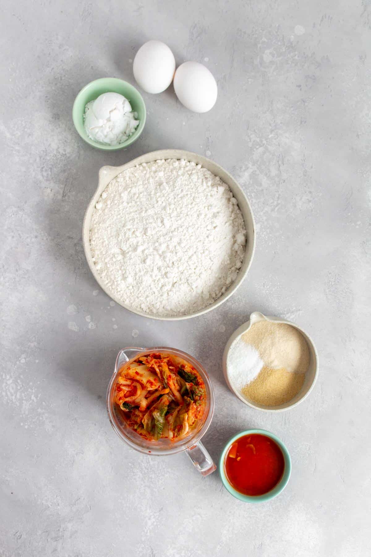 Ingredients needed to make kimchi pancakes.