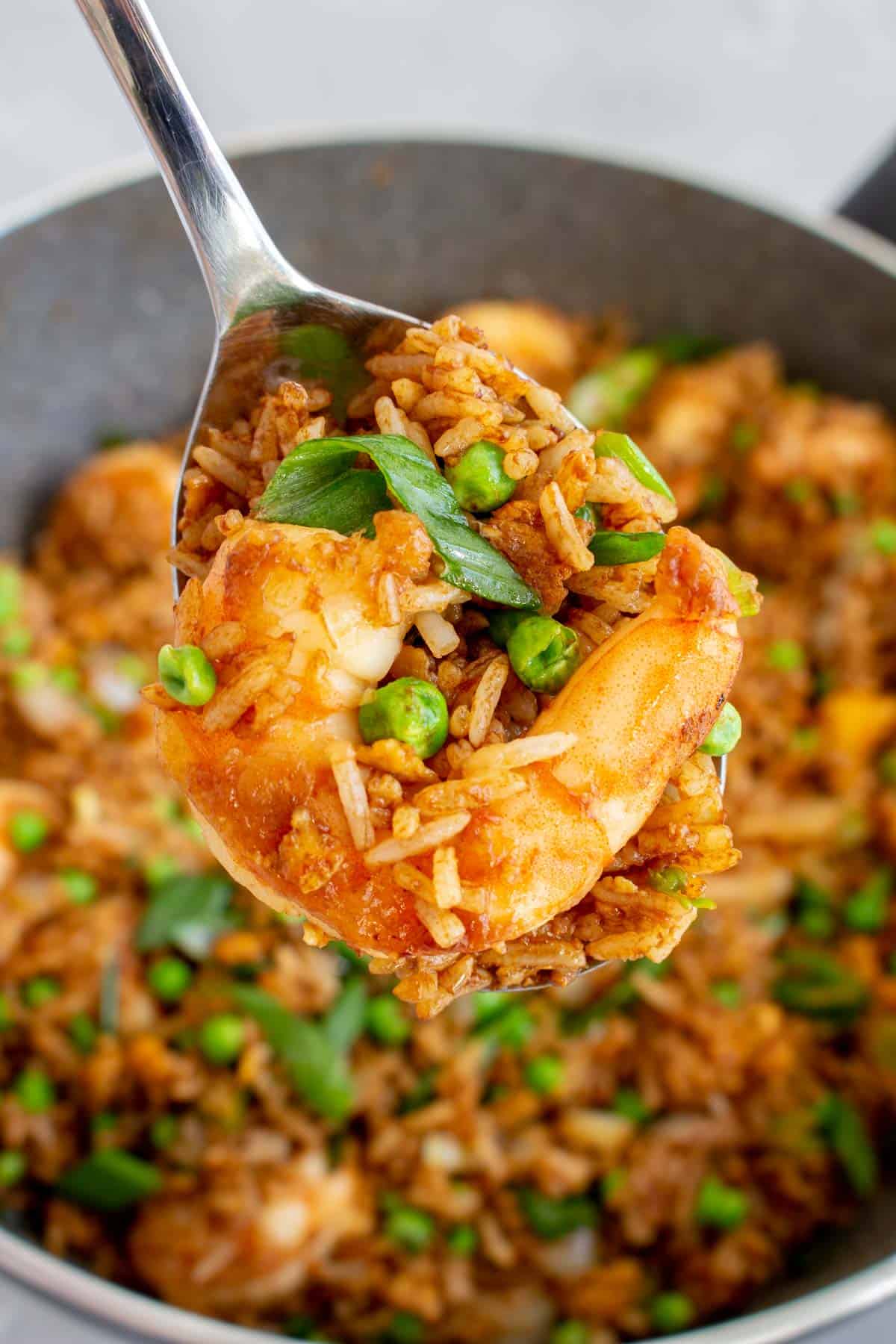 A spoonful of shrimp fried rice.