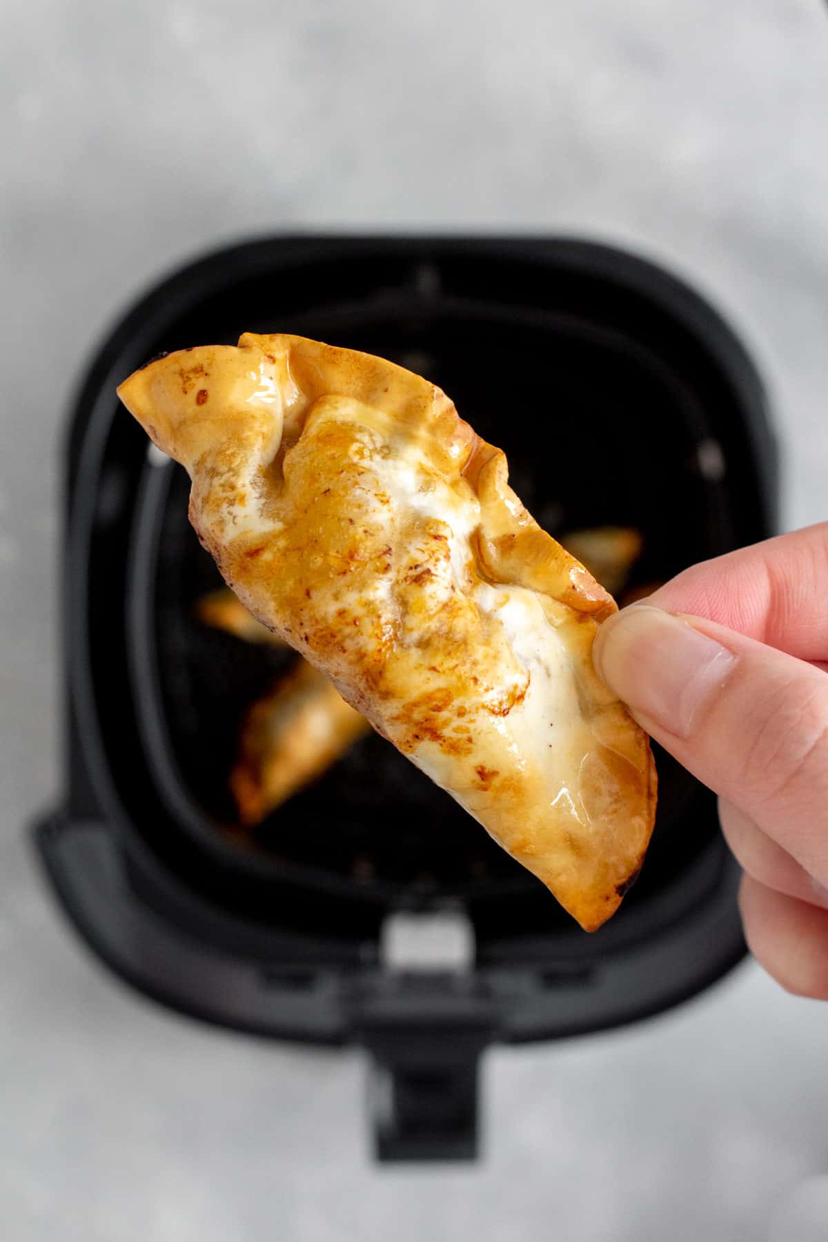 Hand holding a crispy air fryer dumpling.