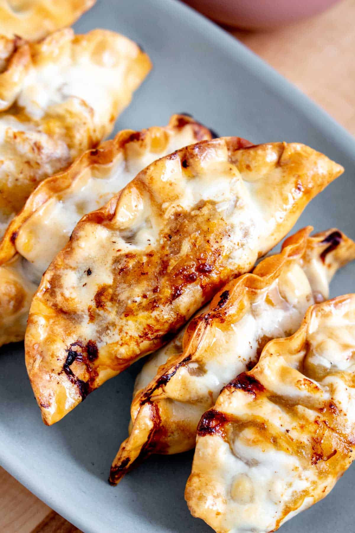 Close up view of air fryer dumplings.