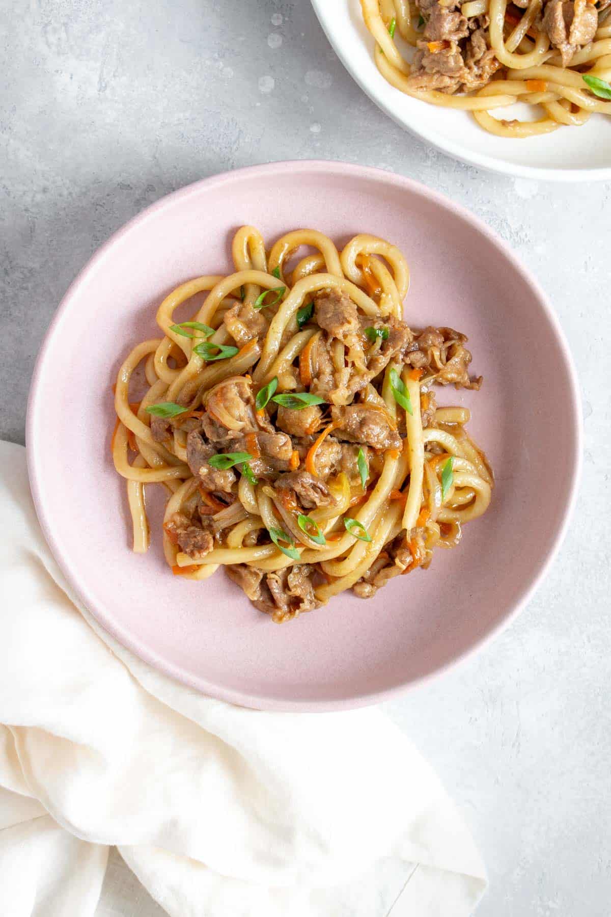 Beef udon on a plate.