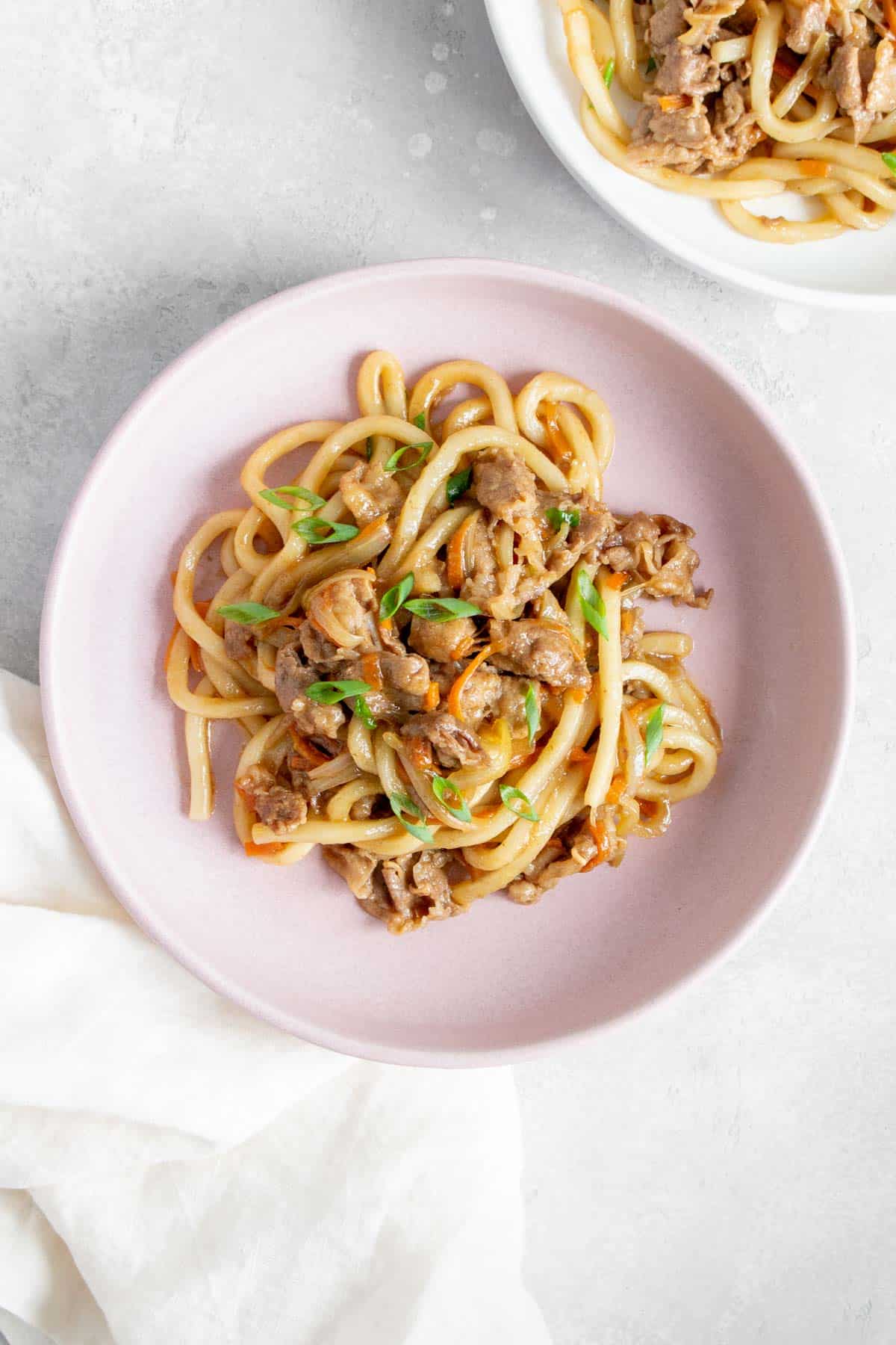 A plate of udon noodles with beef.