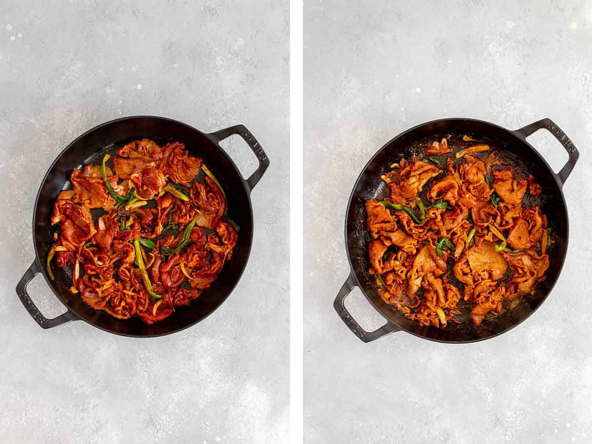 Set of two photos showing pork cooked in a large cast iron.