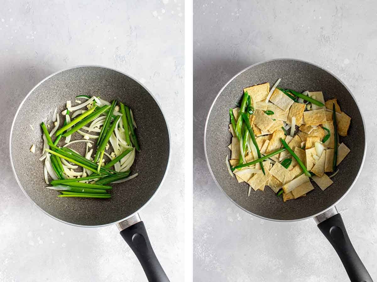 Set of two photos showing stir fried ingredients in a skillet.