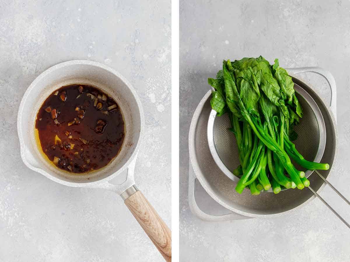 Set of two photos showing sauce cooked and yu choy steamed.