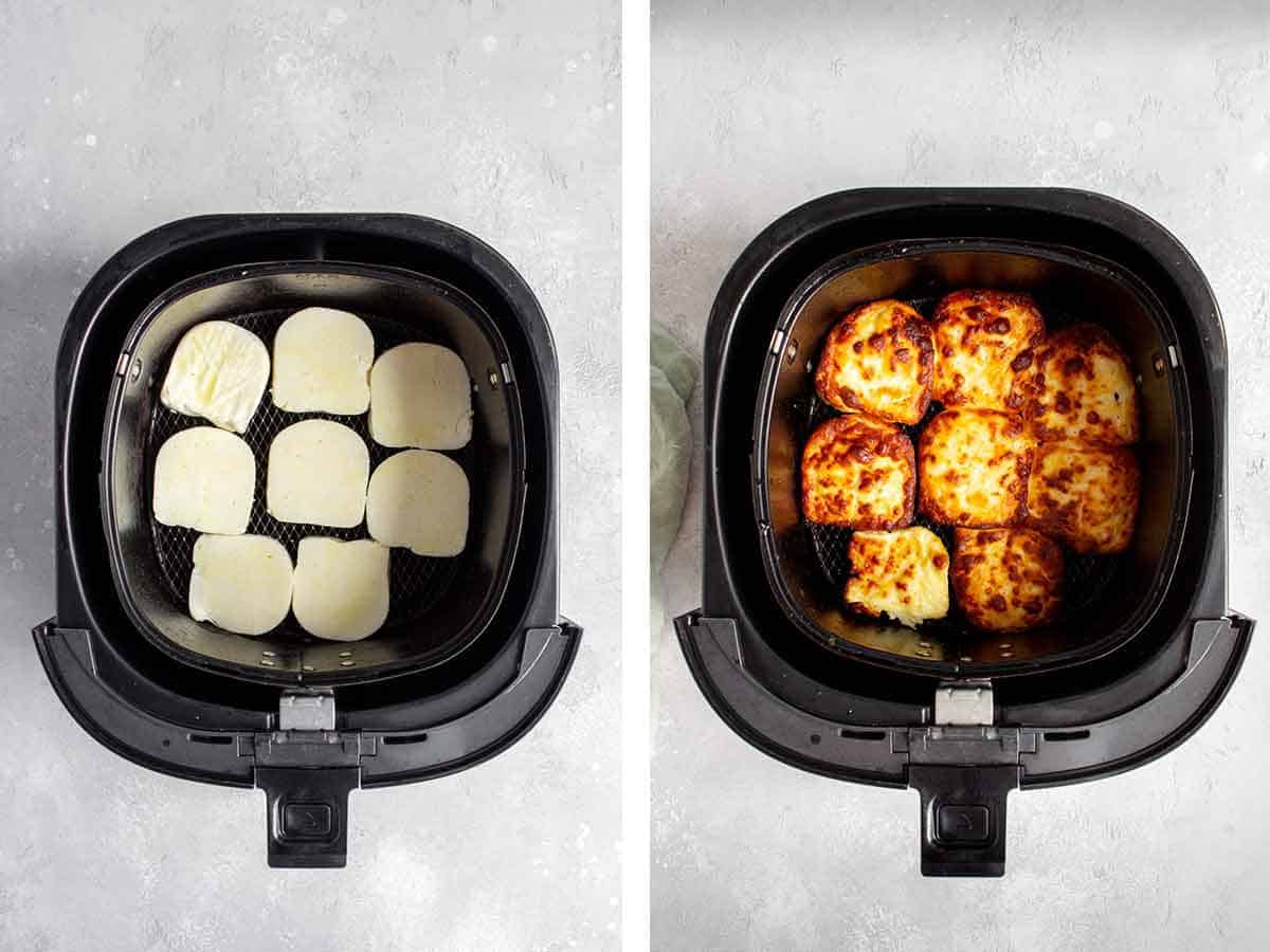 Set of two photos showing halloumi before and after air frying.