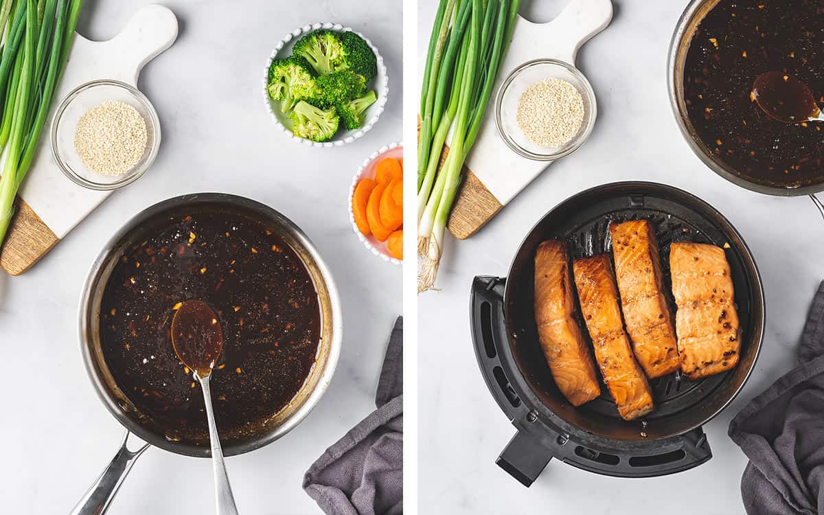 Set of two photos showing sauce thickened in a saucepan and salmon cooked in an air fryer basket.