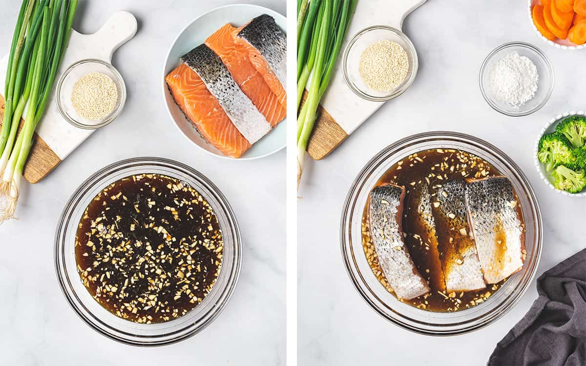 Set of two photos showing marinade mixed in a bowl and salmon added to the bowl.