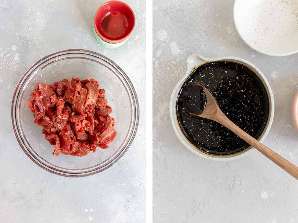 Set of two photos showing marinated beef and sauce combined in a bowl.
