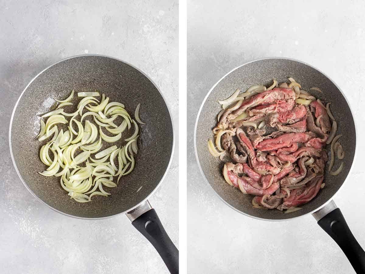 Set of two photos showing sliced onions in a pan then beef added to the pan.