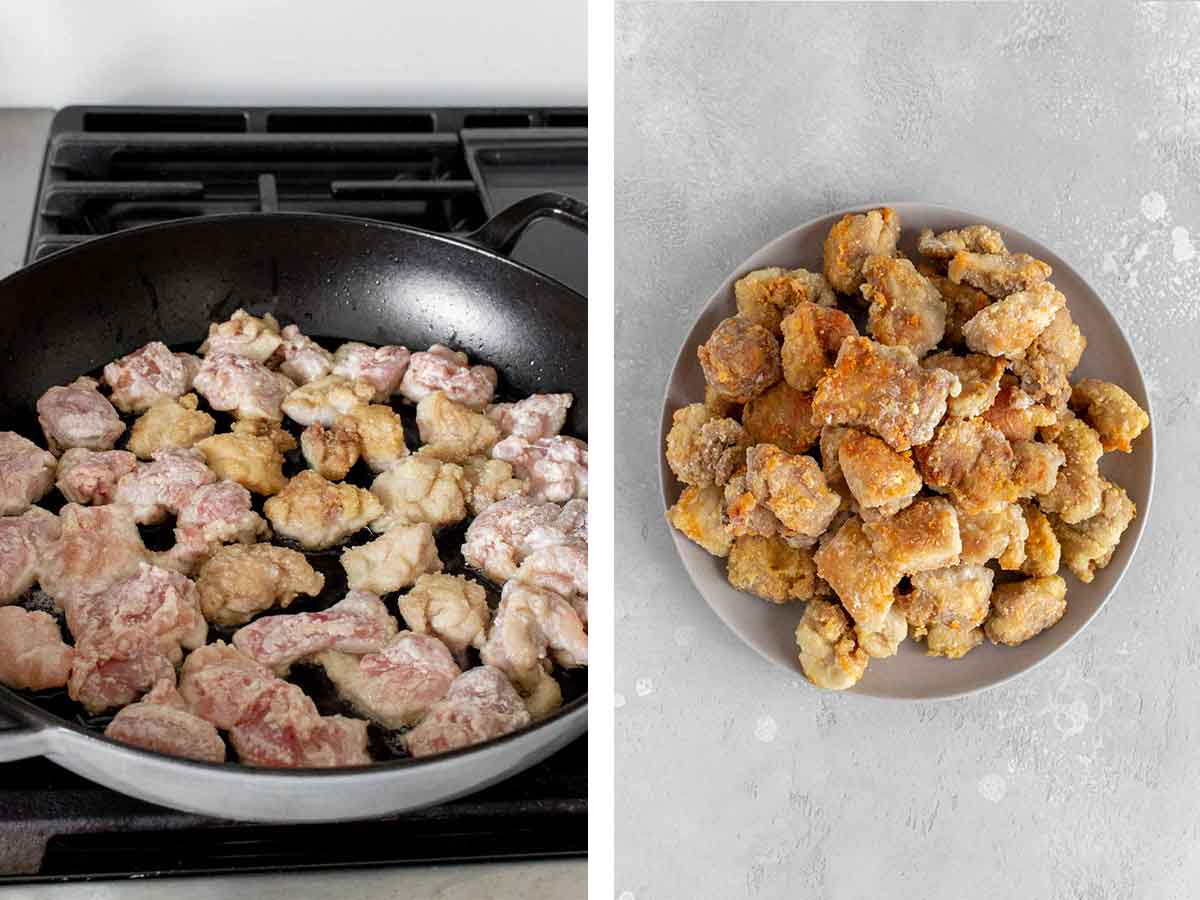 Set of two photos showing chicken shallow fried and transferred to a plate.