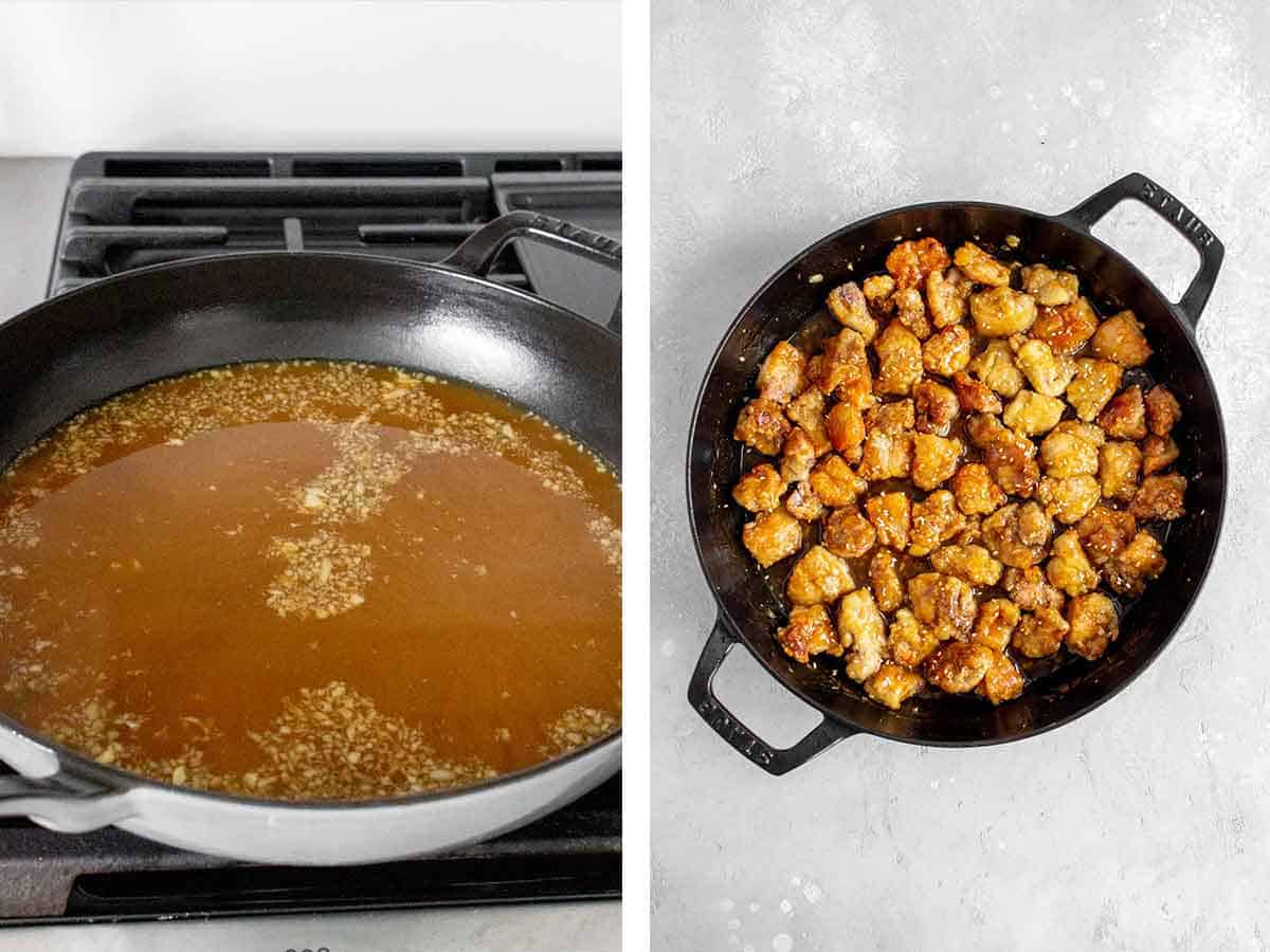 Set of two photos showing sauce added to a skillet and then chicken tossed in to coat.
