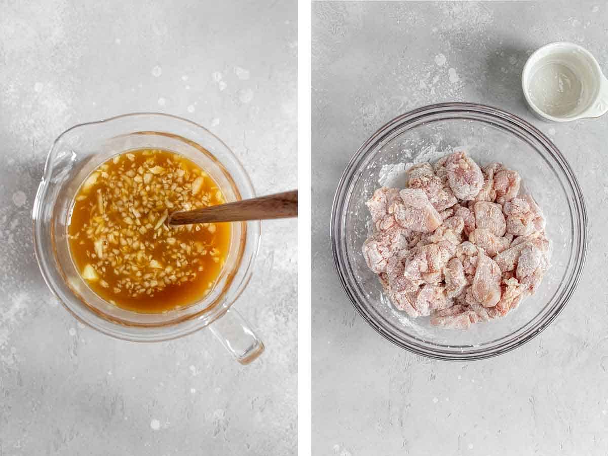 Set of two photos showing sauce mixed together and chicken coated in cornstarch.