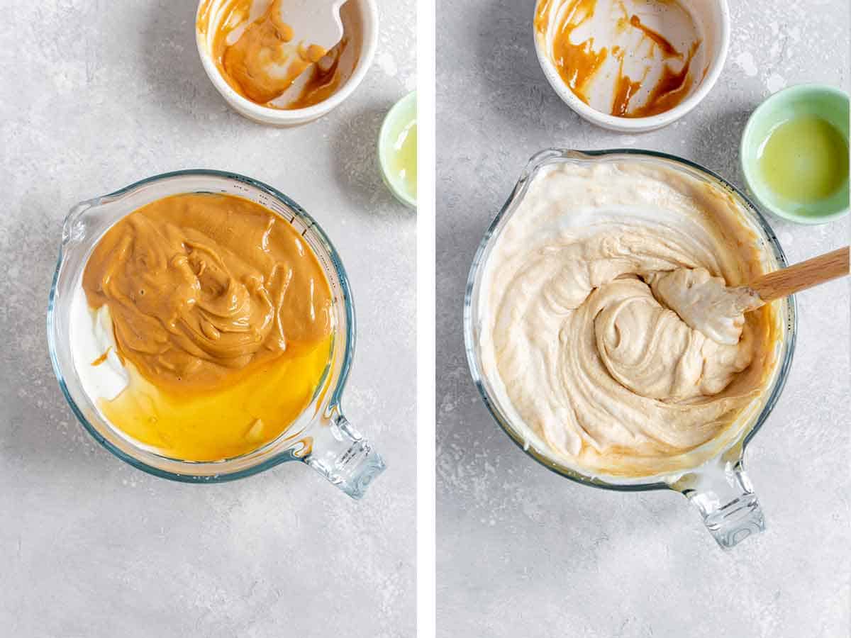 Set of two photos showing yogurt, peanut butter, and honey mixed together.