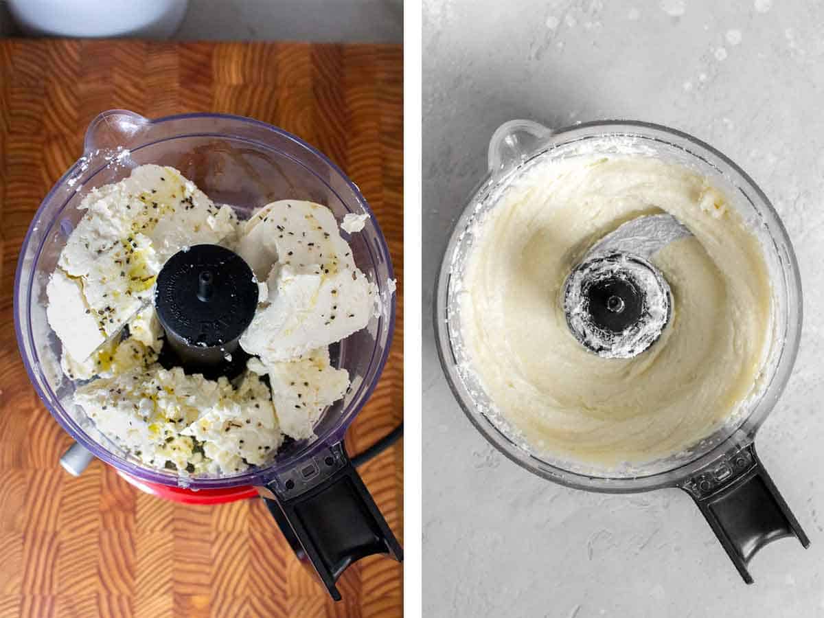 Before and after of whipped feta in a food processor.