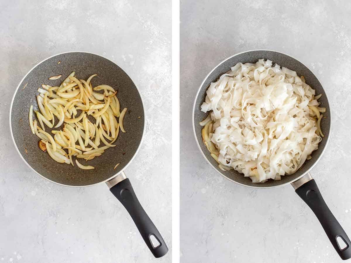 Set of two photos showing onions sauteed and noodles added.