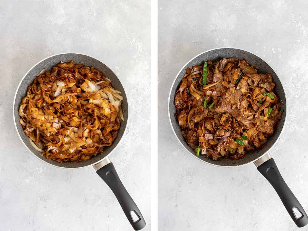 Set of two photos showing noodles tossed in sauce and then beef and green onions added.