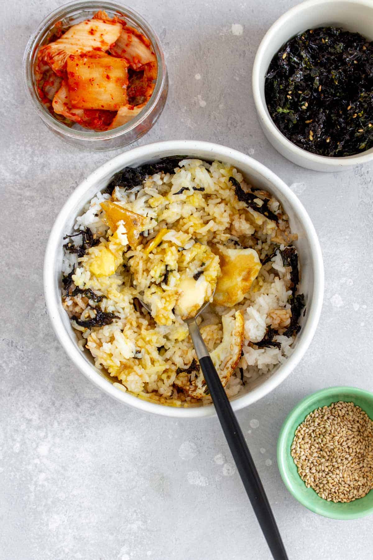 Bowl with rice and egg mixed together.