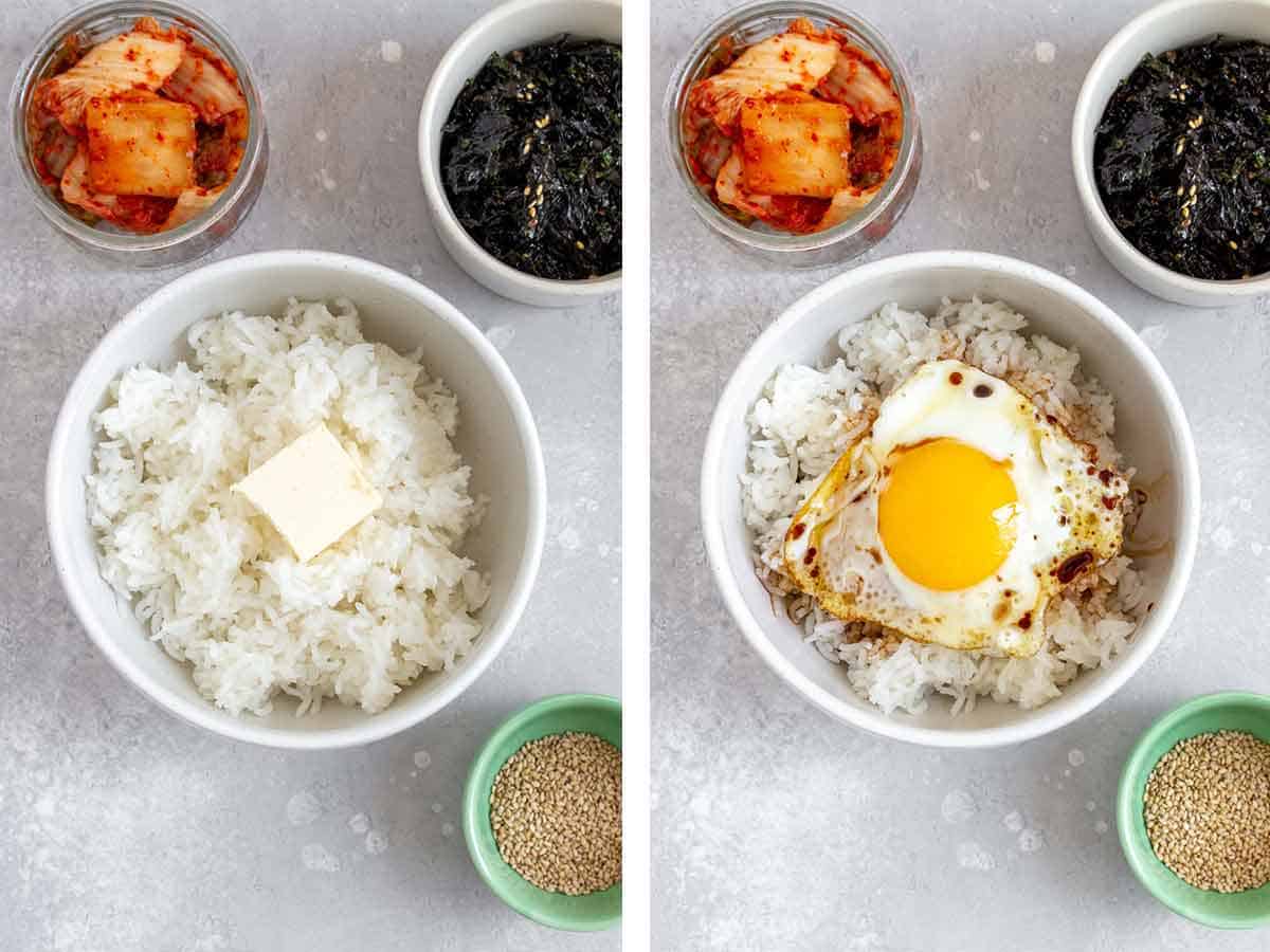 Set of two photos showing butter added to rice and then egg, soy sauce, and sesame oil added.
