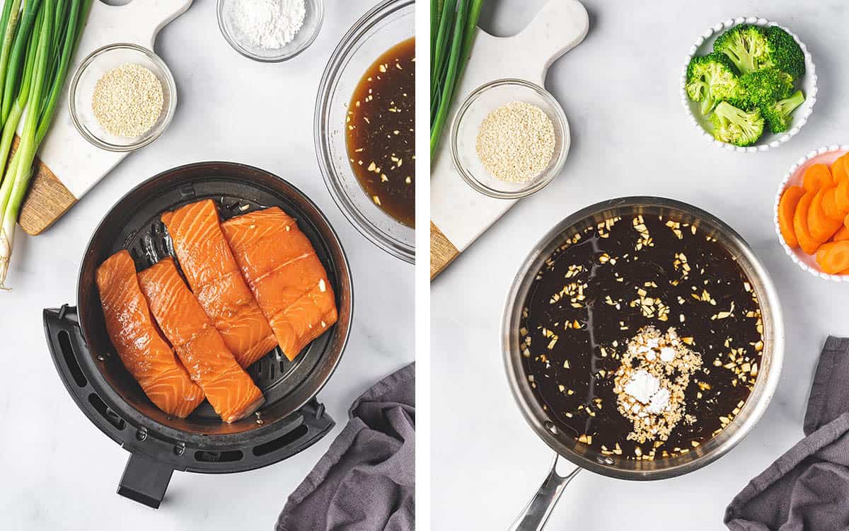 Set of two photos showing the salmon added to an air fryer basket and sauce added to a saucepan.