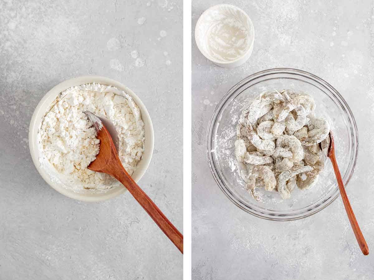 Set of two photos showing cornstarch mixed with seasonings and shrimp tossed in it.