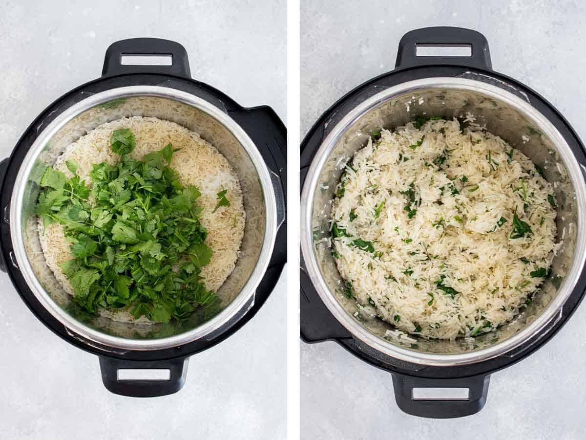 Set of two photos showing cilantro mixed into the cooked rice.