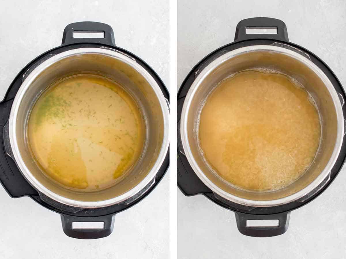 Set of two photos showing liquid and rice added to an instant pot.