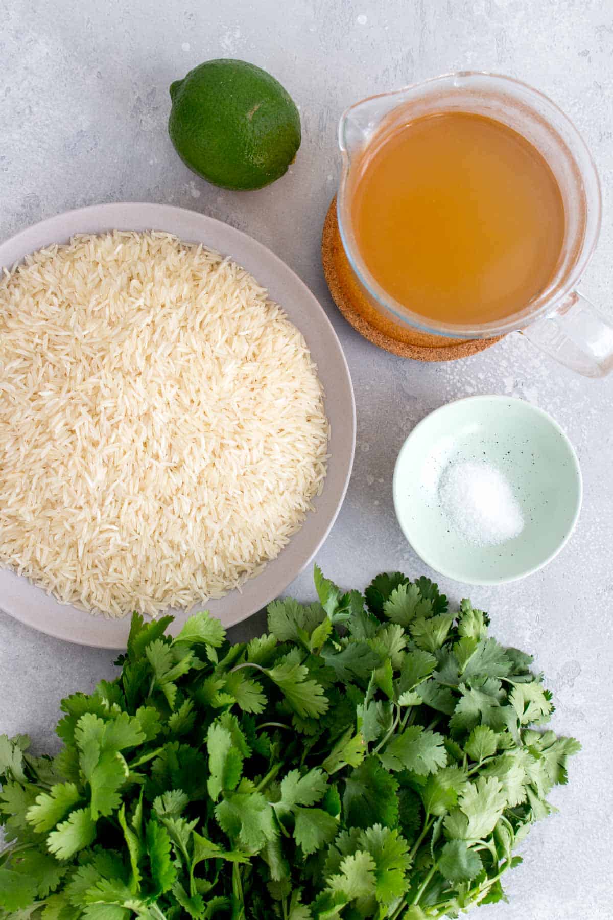Ingredients needed to make cilantro lime rice in the instant pot.