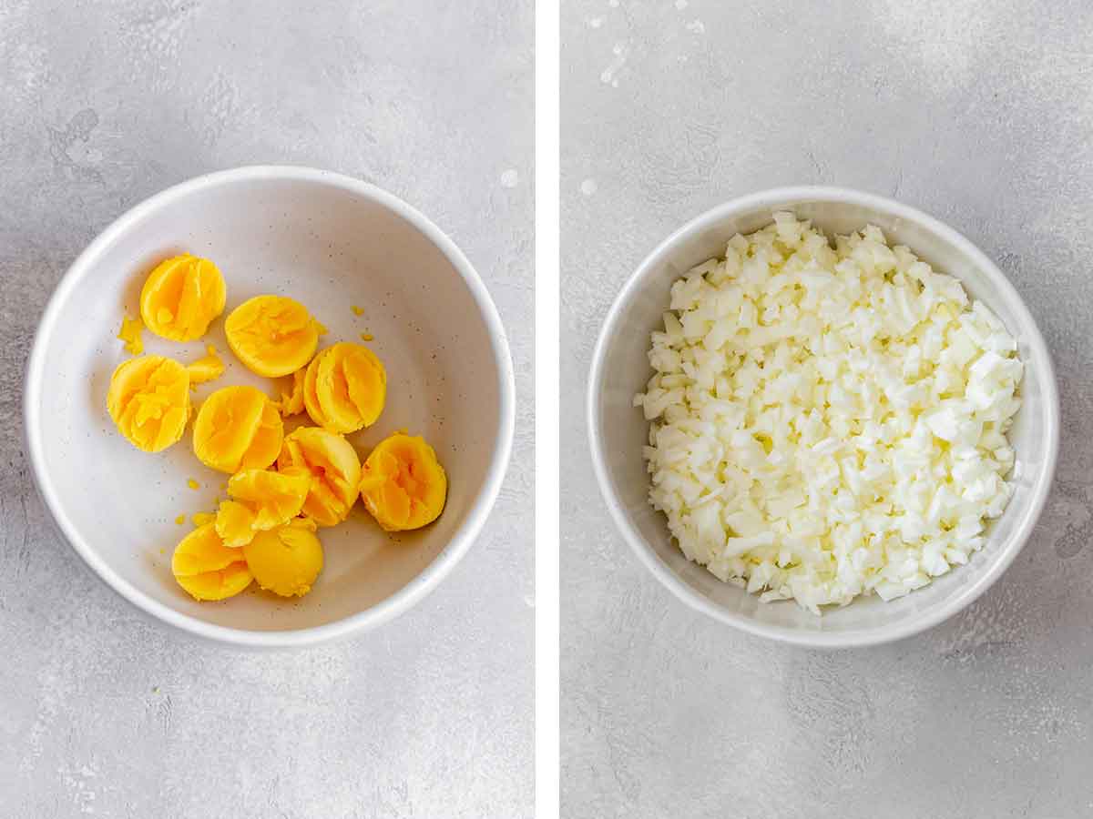 Set of two photos of a bowl of egg yolks and chopped egg whites.