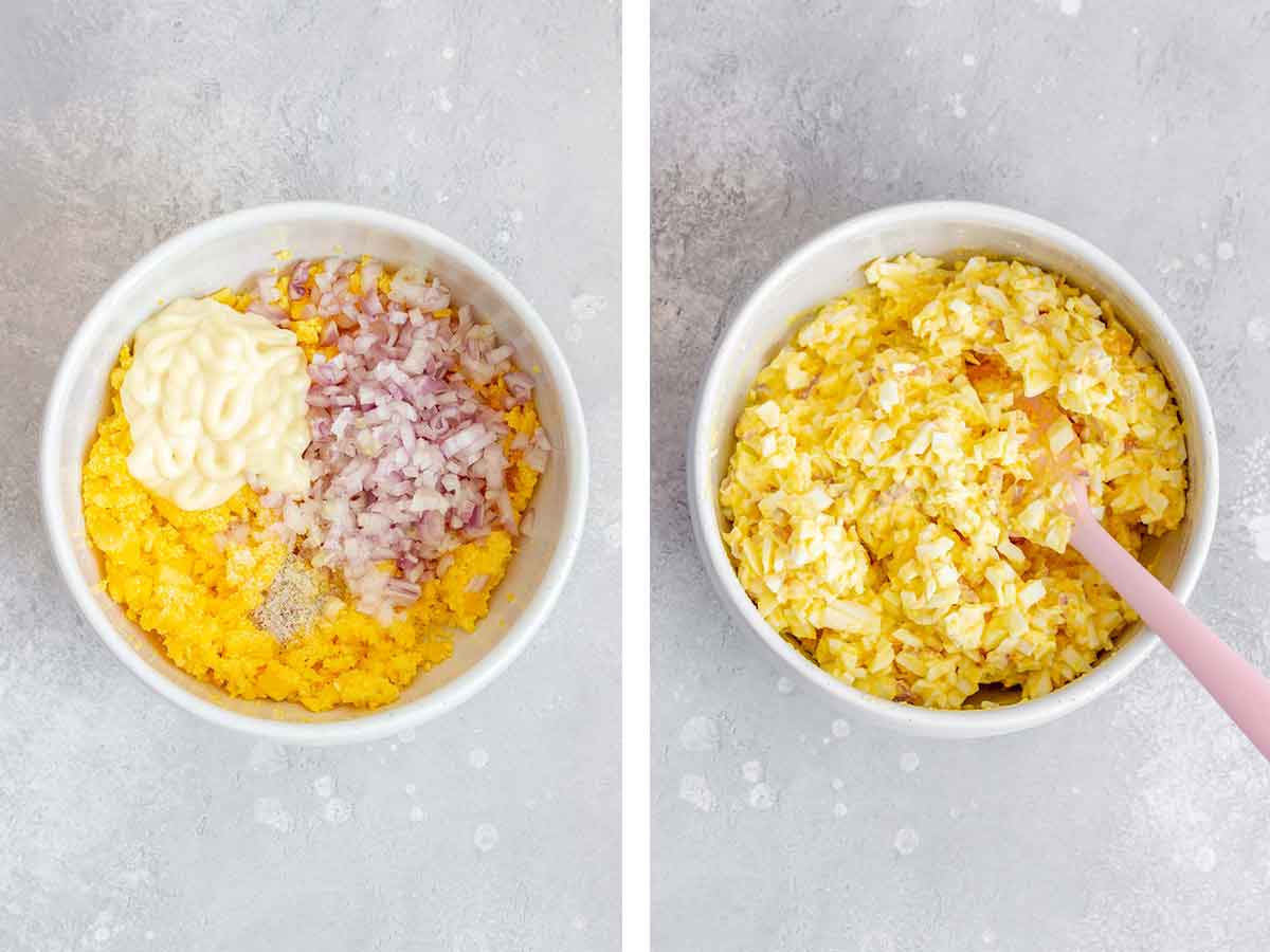 Set of two photos showing ingredients added to mashed yolks and mixed together.