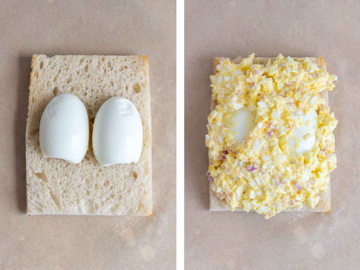 Set of two photos showing cut eggs placed on a piece of