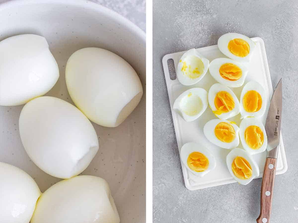 Set of two photos showing eggs in a bowl and then cut in half.
