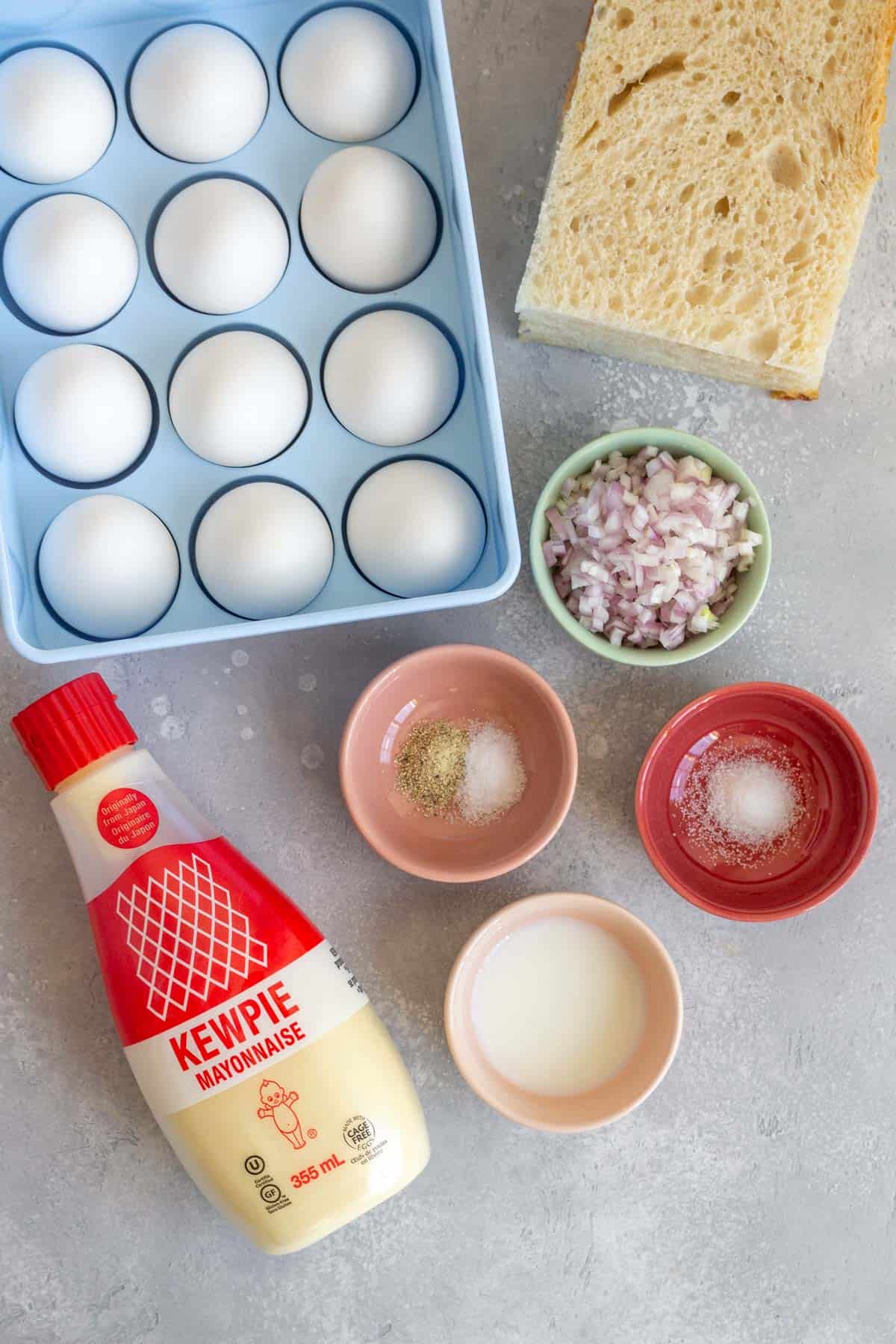 Ingredients needed to make a Japanese egg salad sandwich.