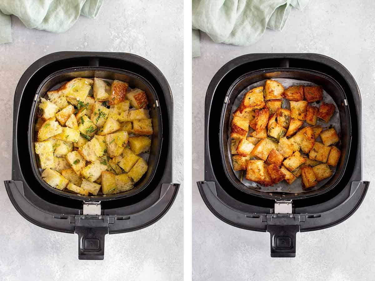 Set of two photos showing before and after air frying croutons.