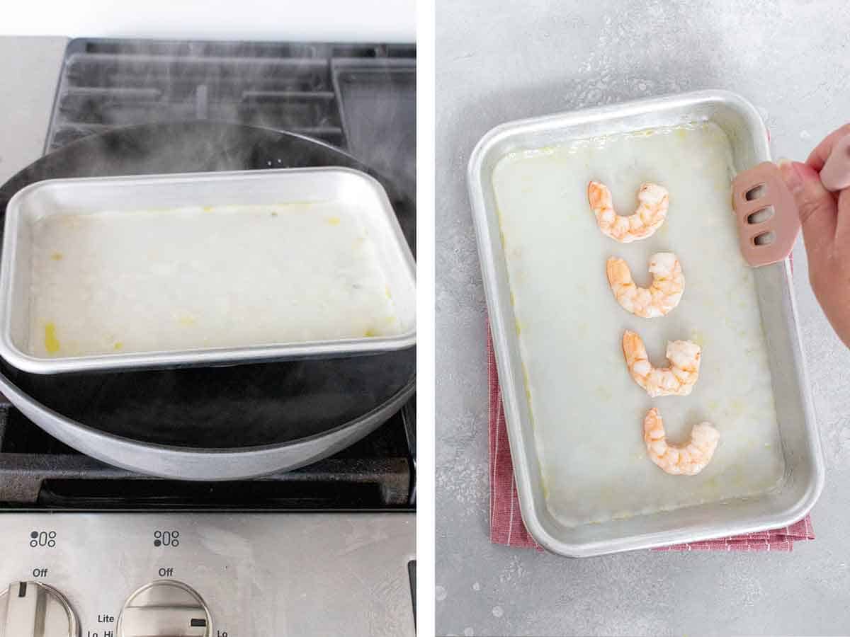Set of two photos showing the sheet pan added to the pot of steaming water and then shrimp added to the sheet pan.