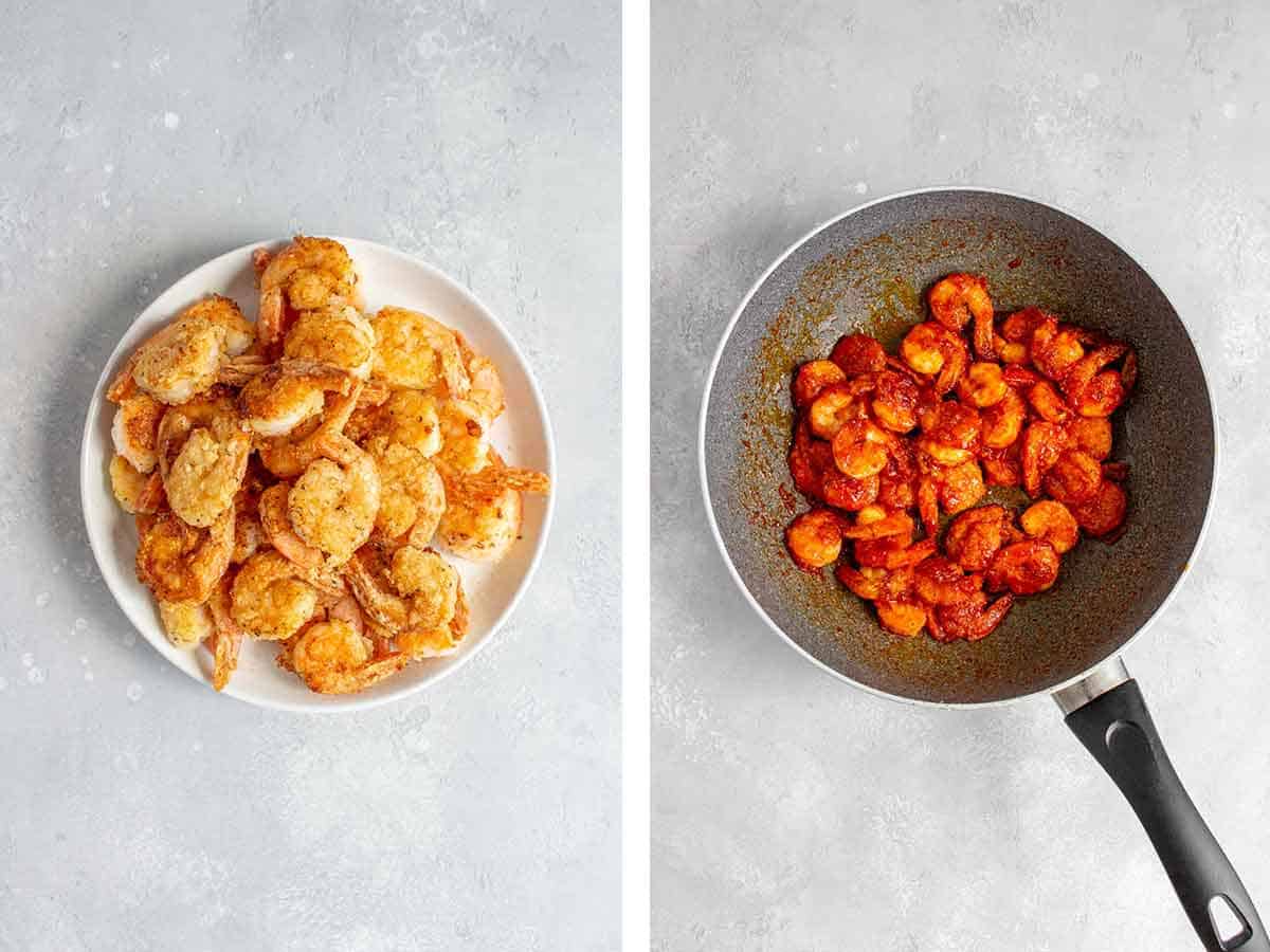 Set of two photos showing pan fried shrimp then coated in sauce.