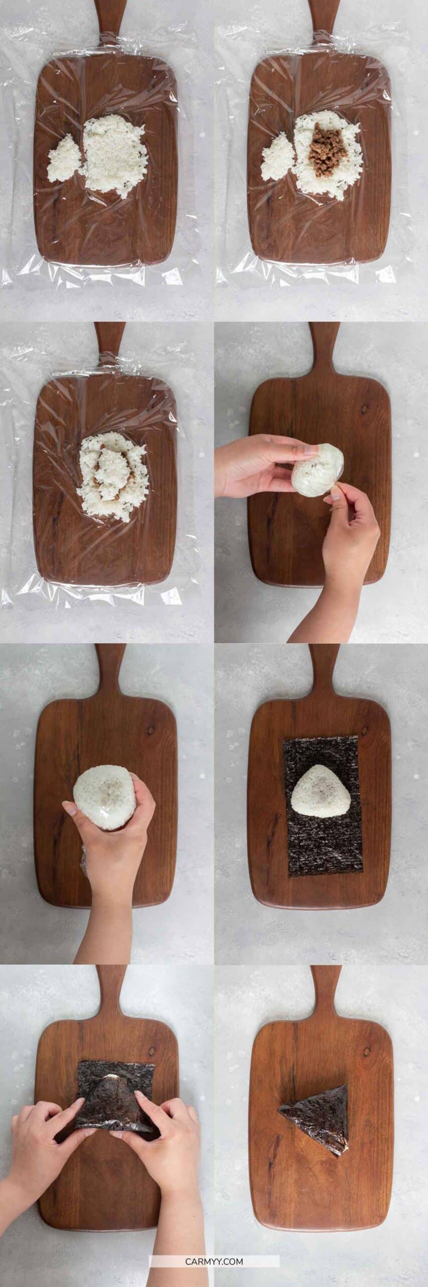 A collage of step by step photos of how to shape rice into a triangle and wrapped in seaweed.